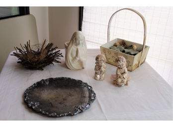 Silver Plate, Basket, Ceramic Mary Vase, Bird Nest