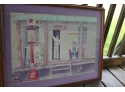 2 Wall Hangings 1 - 13 X 16, 1 - Watercolor Print Of Couple Guys On Country Store Porch 26 X 20, Texaco Pump