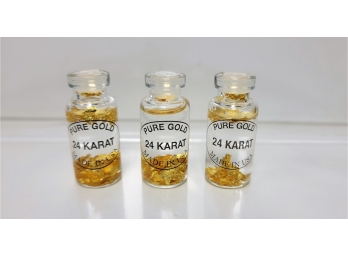 3 Vials Of 24 Karat Pure Gold Flakes In Sealed Miniature Bottle Made In USA