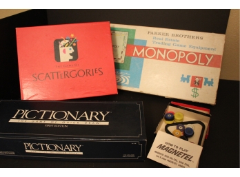Misc Games-monopoly W/metal Pieces, Scattergories, Pictionary, Magnetel (no Board)