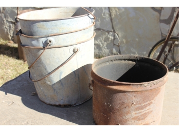 3 Antique Metal Buckets Rusted Together, No Bottoms, One Sm Rusty Bucket, Would Make Interesting Garden Plante