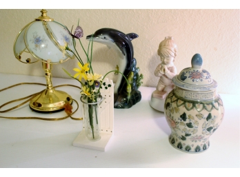 Dolphin Figurine, Little Girl Praying Music Box, Lamp— Missing One Panel