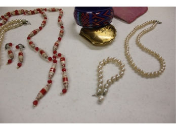 MIsc Jewelry, American Beauty Compact, Rolled Paper Necklace & Earrings, 2 Faux Pearl Necklaces, Etc