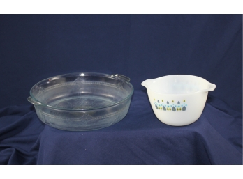 2 Vintage Fireking Pieces, 10.5' Depression Glass Baking Dish And Alpine Swiss Small Mixing Bowl 1960's