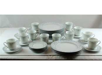 12 Settings, Blue Whisper Porcelain Fine China, Cups, Saucers And Dinner Plates, Missing One Plate
