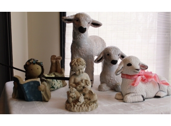 3 Sheep, Angel Figurines / One Sheep Is Cracked