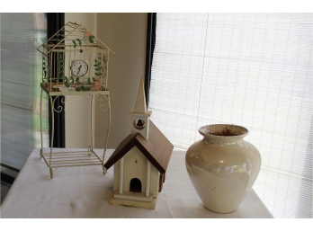 Birdhouse Stand With Clock, Vase, Church Birdhouse