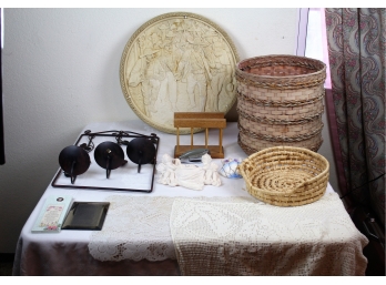 Two Baskets, Napkin Holder, Various Wall Decor And Large Doily With Horse