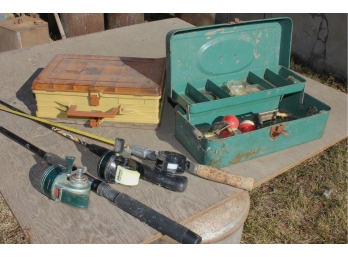 2 Tackle Boxes, 1 Miscellaneous Lures And Bobbers, Three Fishing Poles And Reels