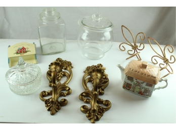 Glass Containers, Wall Sconces, Recipe Holder