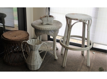 Wicker Tables, Stool And Basket / 1 Brown Table