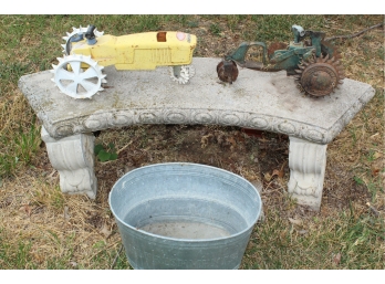 Cement Bench,  Metal Tub, Sprinklers
