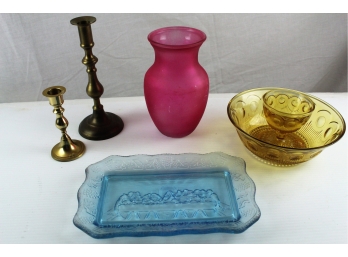 Chip And Dip Bowl,  Pink Base, Candle Holders, Blue Last Supper Platter