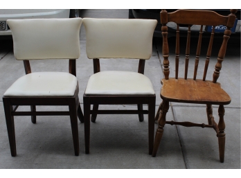 1 Wooden Chair, Two White Upholstered Chairs