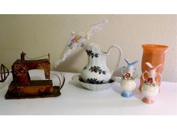 Copper Sewing Machine Music Box, Three Flower Vases, Pitcher And Bowl Set