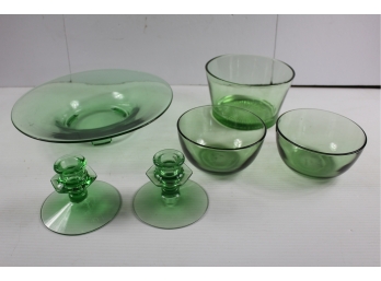 Green Depression Large Bowl, Three Medium Bowls, Candle Holders