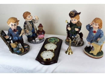 Figurines - School, (has Crack) Doctor, Library, Fireman, Brass Bell, Weather Station