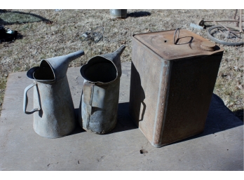 Old Square Can With Handle, 2 Vintage 1 Gallon Oil Cans