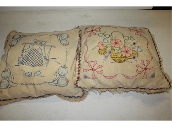 2 Old Embroidered Pillows About 14 X 14 In Size