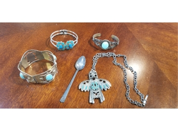 Multiple Pieces Of Turquoise Jewelry.  At Least 1 Piece Made By Local, Bob Lagree. Small Spoon