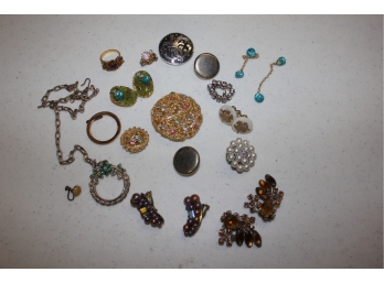 Box Of Misc Jewelry, Some Vintae Earrings, Some W/no Match, Ring,  Pin,scarf Clip