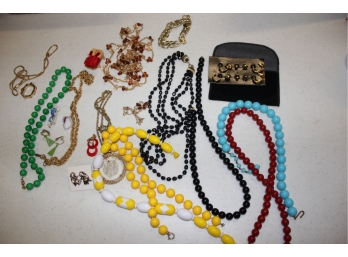Box Of Misc Jewelry, Beads, Earrings, Bracelets, Smurf Pin, Etc