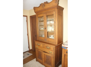 Antique Solid Oak Hutch Three Drawers, Glass Door With 4 Shelves, 87.5' Tall To Top, 38' Wide, 20.5' Deep