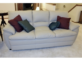 Tan Leather Sofa With Four Pillows, 80 In Wide