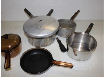 Sm Pressure Cooker W/no Gauge Or Seal, 2 Sauce Pans, Corning Pan W/lid And Sm Corning Saute Pan