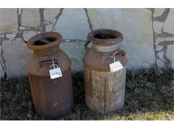 Two 40 Quart Antique Milk Cans, Rusty, ' A 'Has Hole In Lid, 13 Inch Diameter 24 In Tall