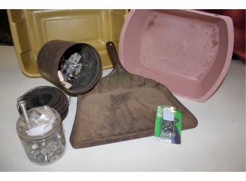 Old Metal Dustpan, Jar Of Nuts And Bolts, Wire, 2 Plastic Tubs