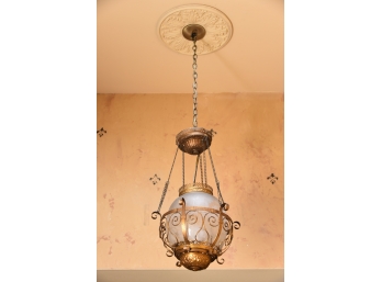 Antique Brass Etched Glass Globe Light Fixture - 12'D With 48' Drop (Ceiling Medallion Not Included)
