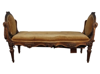 Antique Upholstered Cushion Bench With Carved Bow Design 52W X 18D X 29H