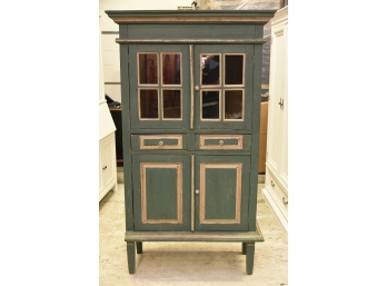 Vintage Green Painted Pine Cabinet- Missing Piece Of Molding