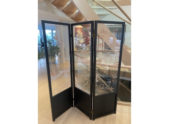 A Three Panel Painted  Glass Room Divider