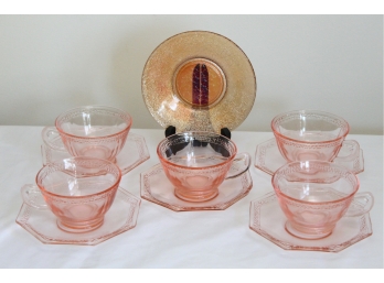 Lovely Pink Depression Glass Cups And Saucers