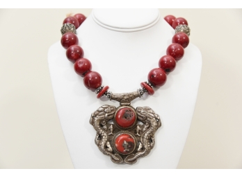Red / Coral Jasper Bead Dragon Necklace By Jane Signorelli Jewelry Lot # 22