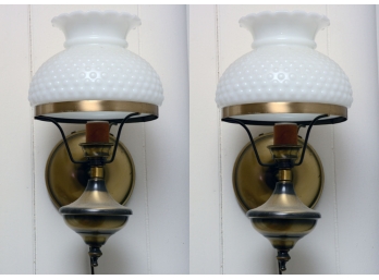 Pair Of Vintage Brass With Milk Glass Shade Wall Sconce Lights