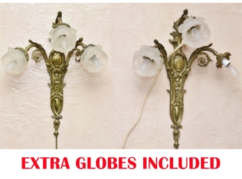 Matching Pair Of Antique French Brass Wall Sconce Lights 16 X 18