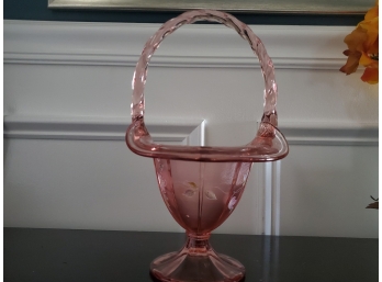 Hand Painted Fenton Cranberry Glass Handled Basket Etched And Signed Item #44