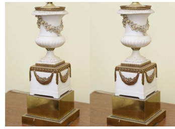 White Bisque And Brass 28' Table Lamps In A Classic Urn Shape With Fabric Shades  $2200 Appraisal