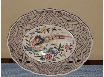 Portugese Basketweave Porcelain Basket With Birds