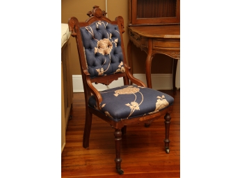 Custom Upholstered Blue Floral Tufted Back Side Chair