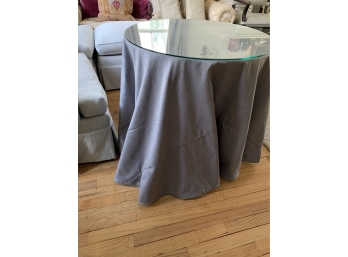 Custom Made Skirted Table - Grey  Blue Designer Fabric With Glass Top