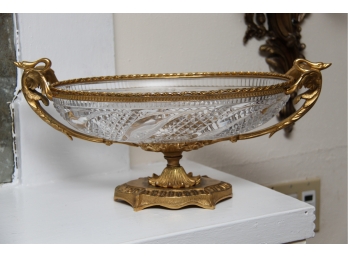 Gorgeous Crystal Centerpiece Footed Dish With Brass Trim