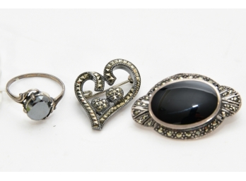 Sterling Silver And Marcasite Pins And Ring