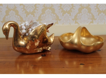 Gold Painted Swan & Basket Decor