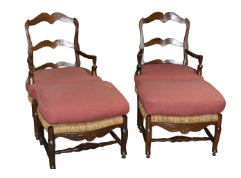 Pair Of Teak And Cane Side Chairs With Ottomans
