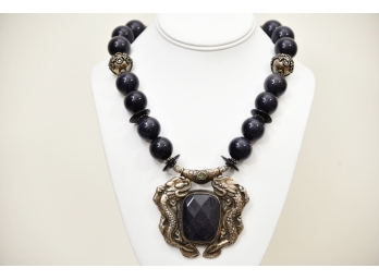 Midnight Blue Semi Precious Stone Double Fish Pendant NecklaceDragon Necklace Jewelry Lot #2