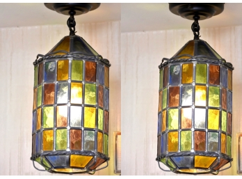 Pair Of MCM Psychedelic Stained Glass Lights